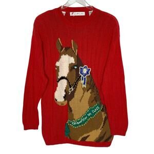 Chaus Vintage Pullover Sweater M Red Horse Equestrian Blue Ribbon Western